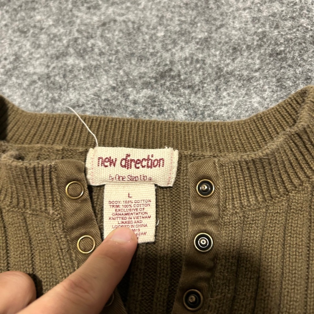 New Direction Ribbed Henley Sweater Brown Olive Snap Neck Size Large - Picture 2 of 6